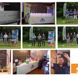 Various photos of teams and events on teh golf day